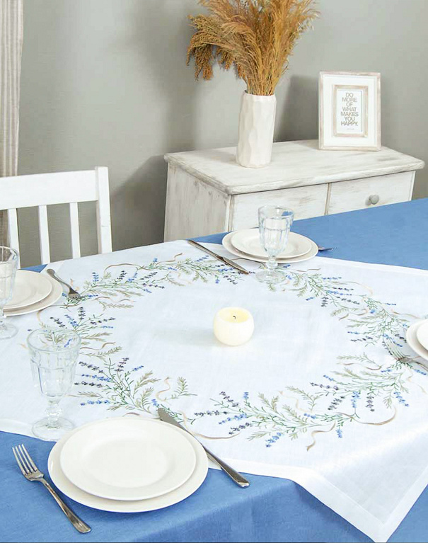 Lavender tablecloth made of white linen, 90*90 cm - Image #3