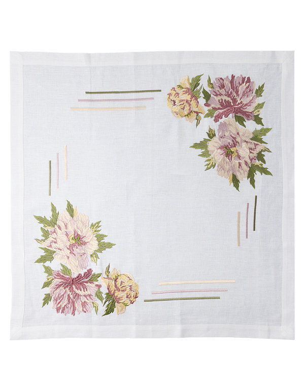 Peony tablecloth made of white linen, 65*65 cm - Image #1