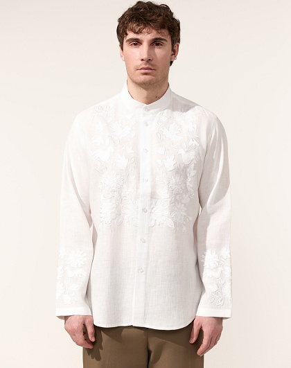 Maples men's shirt, white appliqué on white linen - Image #1