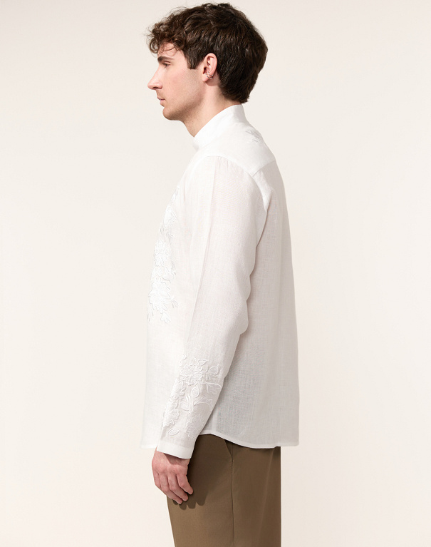 Maples men's shirt, white appliqué on white linen - Image #3