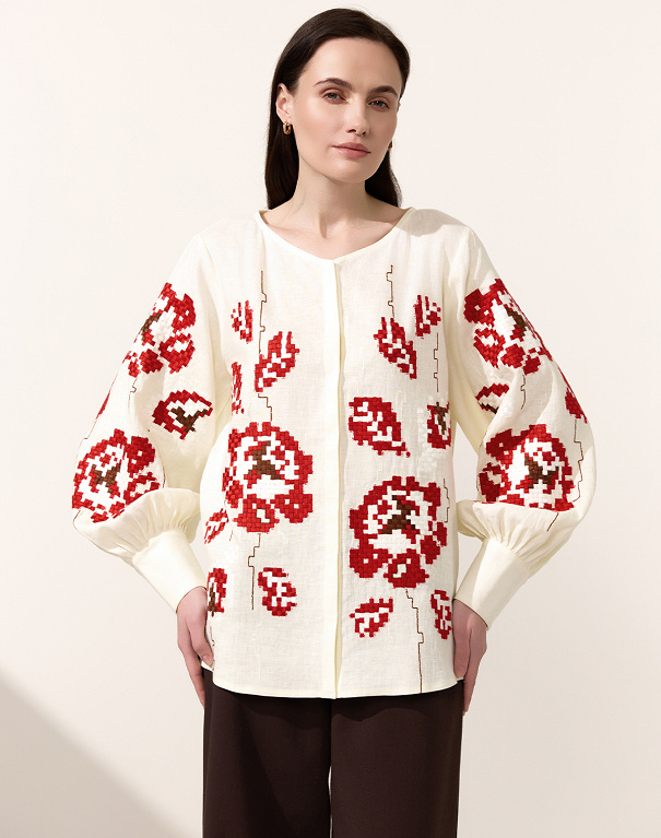 Camellia women's blouse with red embroidery on cream linen - Image #1