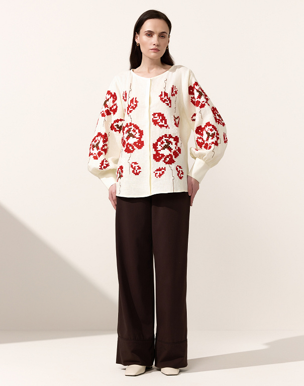 Camellia women's blouse with red embroidery on cream linen - Image #6