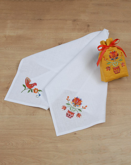 Set of white towels Tree of Life in a mustard bag with a flower, 2 pcs. - Image #1