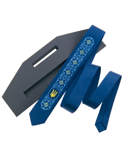 Embroidered narrow tie Waterfall in dark blue satin - Image #1