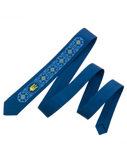 Embroidered narrow tie Waterfall in dark blue satin - Image #2