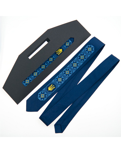 Embroidered narrow tie Waterfall in dark blue satin - Image #3