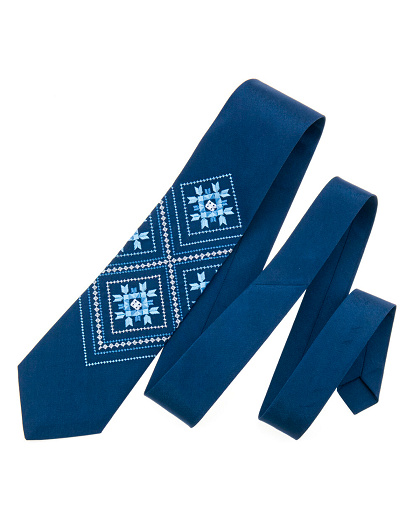 Embroidered tie Mudroliub made of dark blue satin - Image #2