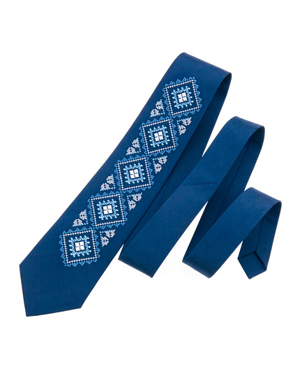 Embroidered tie Hromovyk made of dark blue satin - Image #2