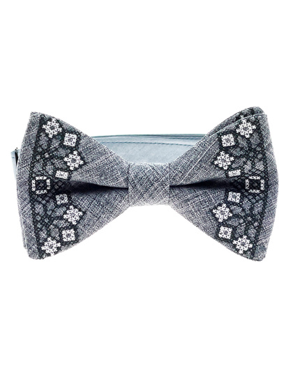 Embroidered gray bow tie with black and white ornament - Image #2