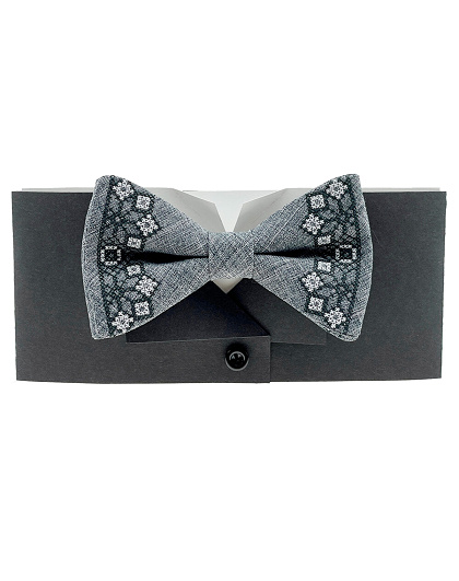 Embroidered gray bow tie with black and white ornament - Image #1