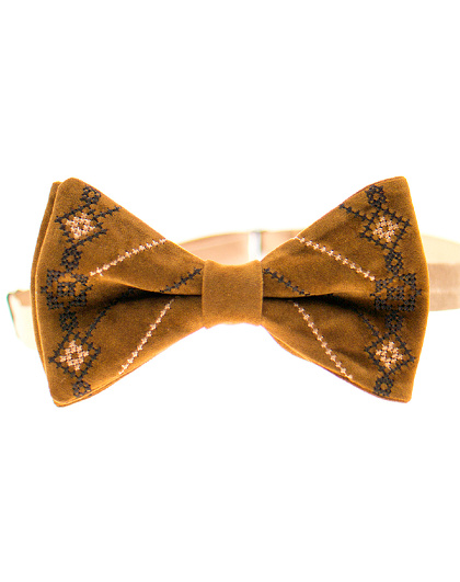Embroidered light brown suede bow tie with black and white ornamentation - Image #2