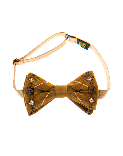 Embroidered light brown suede bow tie with black and white ornamentation - Image #3