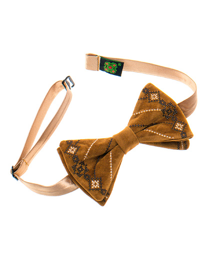 Embroidered light brown suede bow tie with black and white ornamentation - Image #4