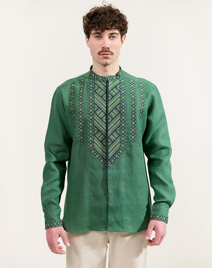 Men's vyshyvanka Mountains made of green linen - Image #1