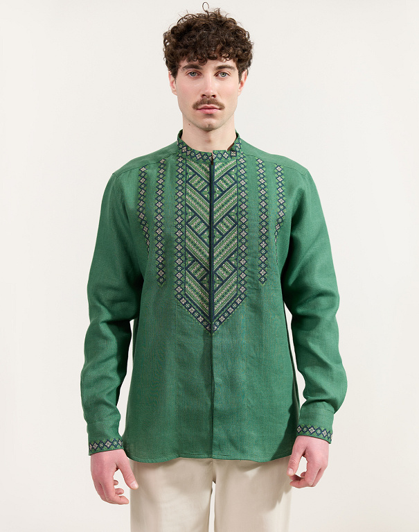 Men's vyshyvanka Mountains made of green linen - Image #1