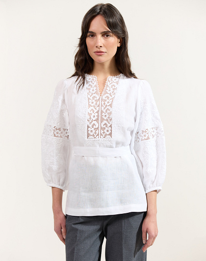 White linen women's blouse Lace with white embroidery - Image #1