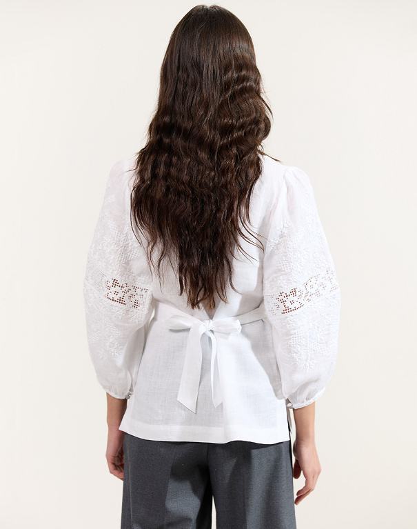 White linen women's blouse Lace with white embroidery - Image #4