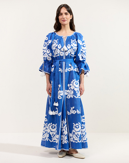 Ocean women's dress with white floral embroidery on blue linen - Image #2
