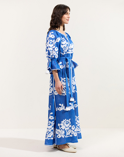 Ocean women's dress with white floral embroidery on blue linen - Image #3