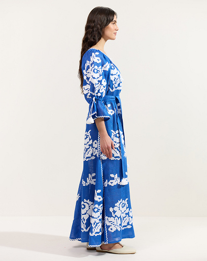 Ocean women's dress with white floral embroidery on blue linen - Image #4