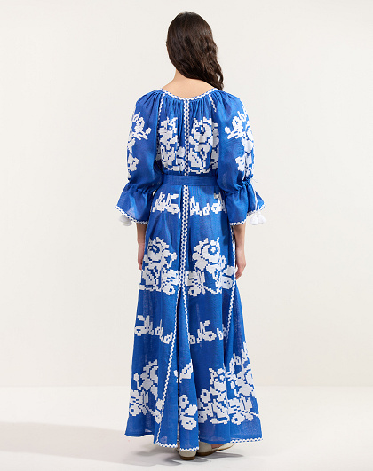 Ocean women's dress with white floral embroidery on blue linen - Image #5