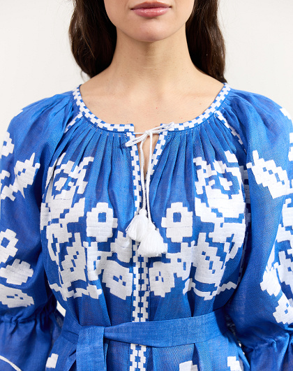 Ocean women's dress with white floral embroidery on blue linen - Image #6