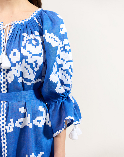 Ocean women's dress with white floral embroidery on blue linen - Image #7