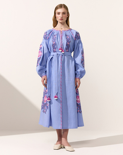 Claire violet embroidered midi dress with floral pattern - Image #1