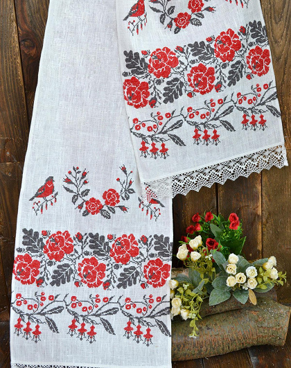 Linen towel Birds with red and gray embroidery - Image #1