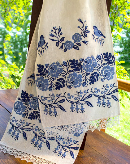 Linen towel Birds with blue embroidery - Image #1