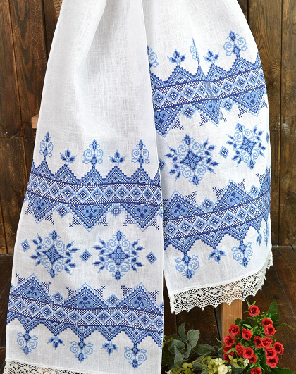 Linen towel Geometry with blue embroidery - Image #1