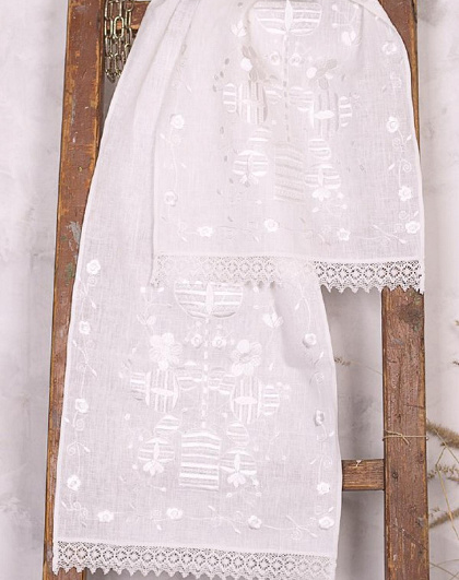 Linen towel Tree of Life with white satin stitch embroidery - Image #1