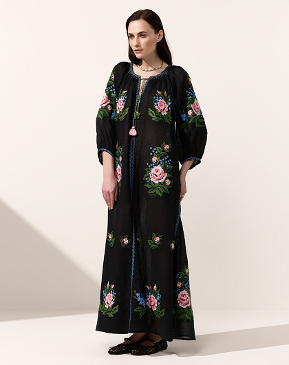 Evelina black women's dress with floral embroidery - Image #2