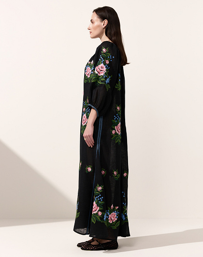 Evelina black women's dress with floral embroidery - Image #3