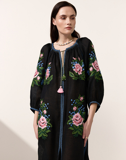 Evelina black women's dress with floral embroidery - Image #5