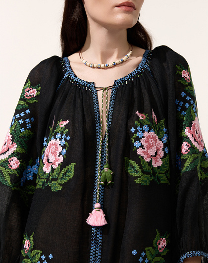 Evelina black women's dress with floral embroidery - Image #6