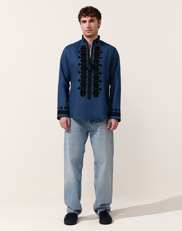 Men's shirt Night in navy blue with black embroidery - Image #9