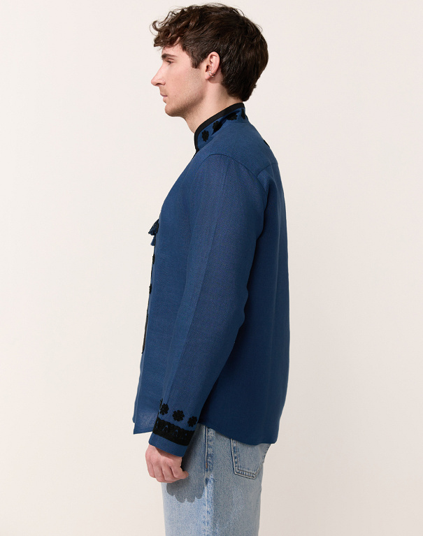 Men's shirt Night in navy blue with black embroidery - Image #3