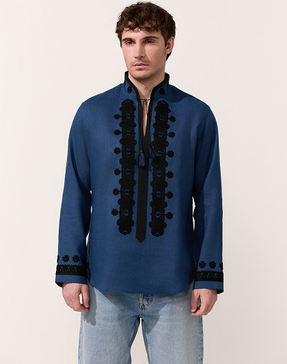 Men's shirt Night in navy blue with black embroidery - Image #1
