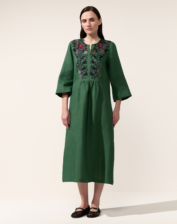 Peony embroidered dress made of green linen - Image #1