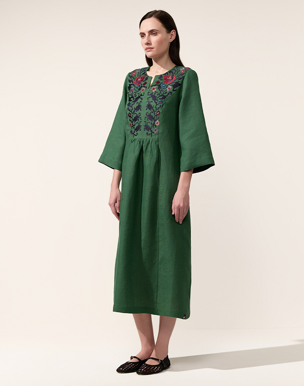 Peony embroidered dress made of green linen - Image #2