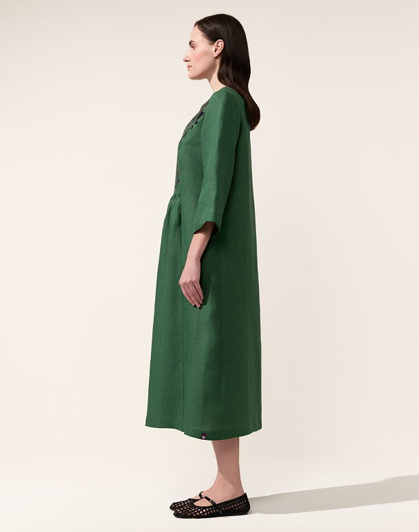 Peony embroidered dress made of green linen - Image #3