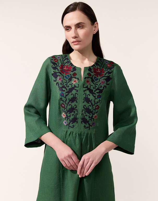 Peony embroidered dress made of green linen - Image #5
