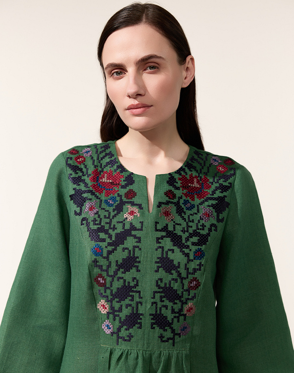 Peony embroidered dress made of green linen - Image #6