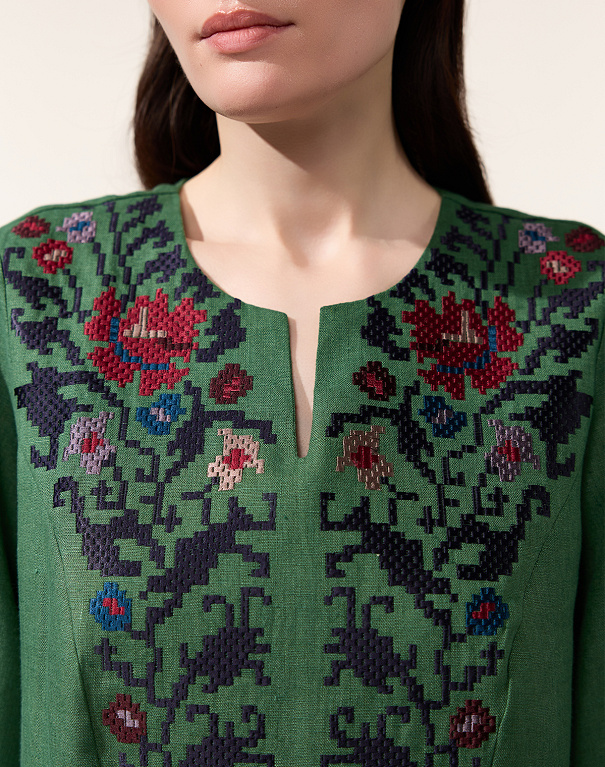 Peony embroidered dress made of green linen - Image #7