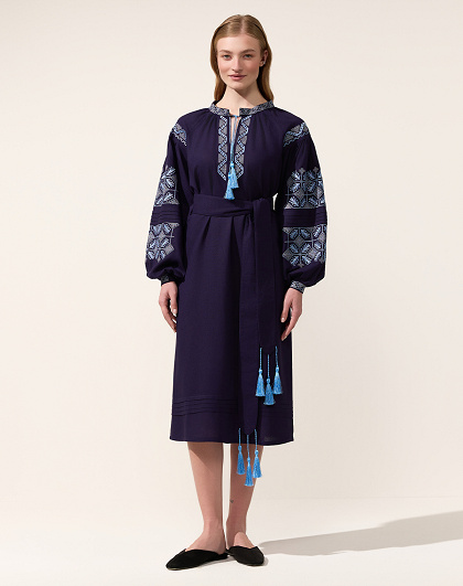 Midi dress Heritage in navy blue linen - Image #1