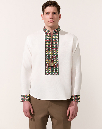 Borshchiv white men's shirt with colorful geometric embroidery - Image #1