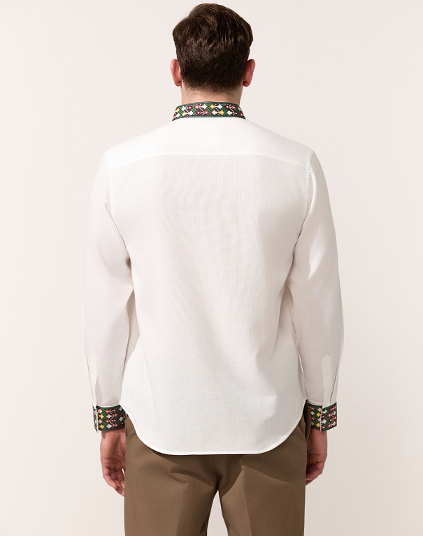 Borshchiv white men's shirt with colorful geometric embroidery - Image #4