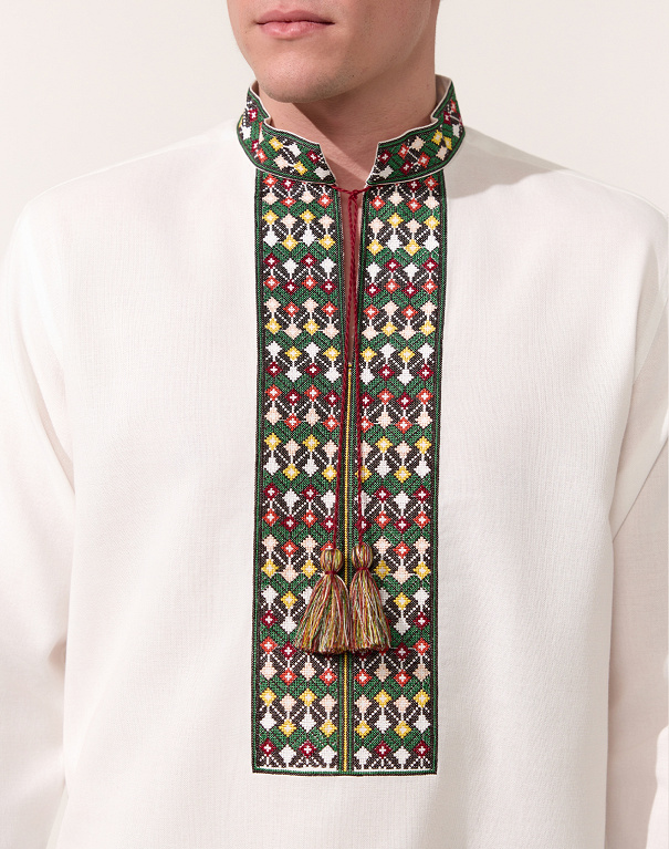 Borshchiv white men's shirt with colorful geometric embroidery - Image #6